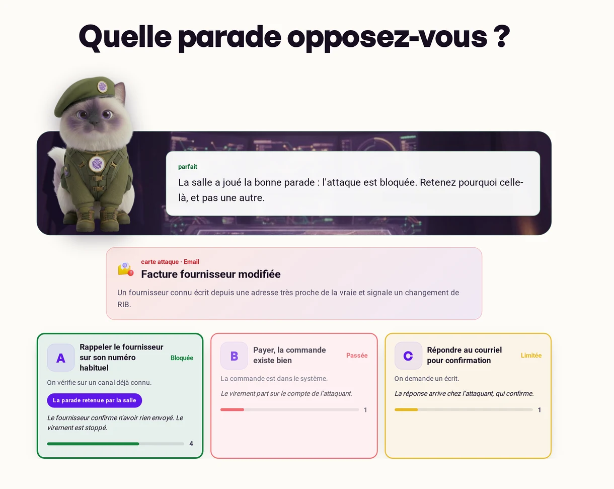 Duel attaque / défense Kelca projeté : la carte attaque, les trois parades proposées et le verdict de chacune.