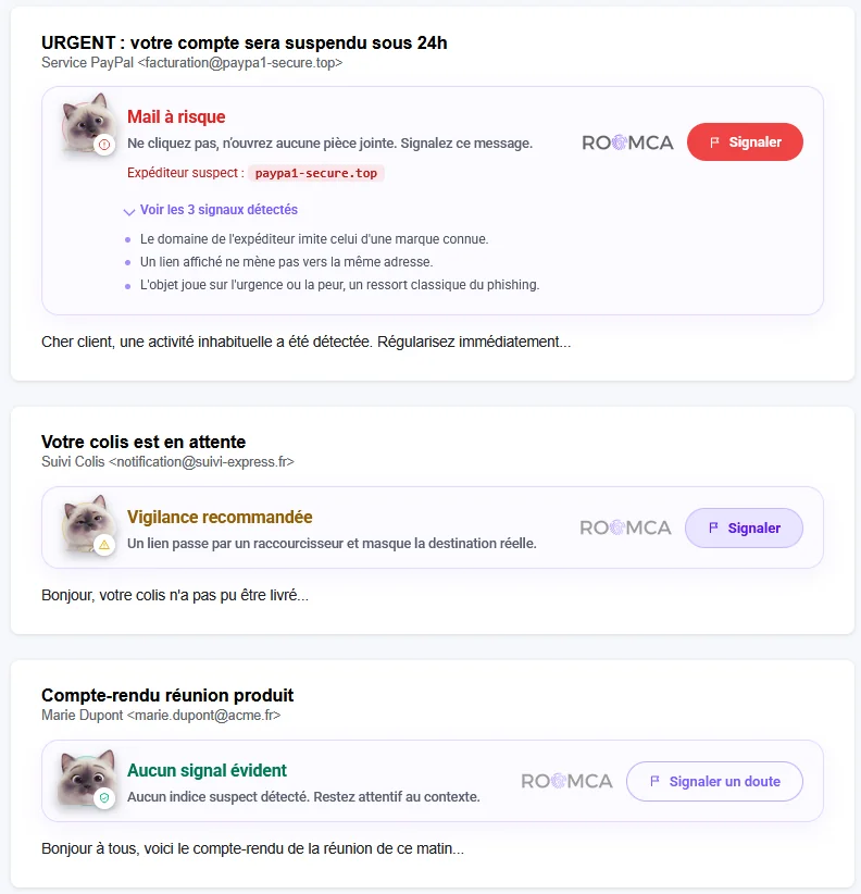 Les trois verdicts de la bannière Roomy Inbox ROOMCA, au-dessus de trois mails : « Mail à risque » (rouge) avec expéditeur suspect et signaux détectés, « Vigilance recommandée » (or), « Aucun signal évident » (vert), chacun avec son bouton Signaler.